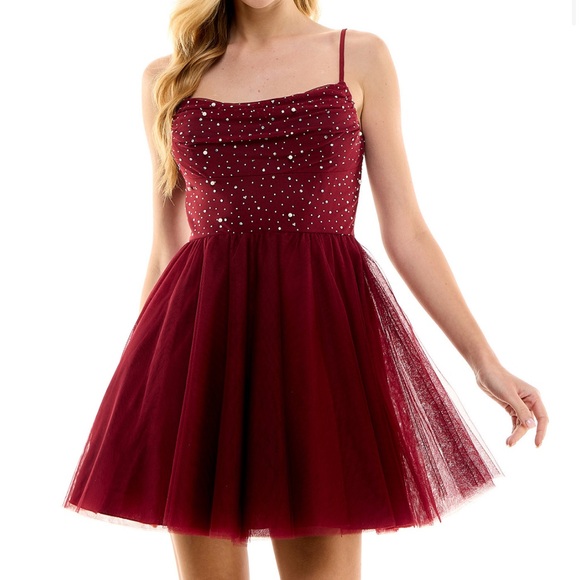 Dresses & Skirts - Juniors' Cowlneck Embellished-Bodice Fit & Flare Dress